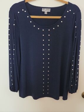 JM Collection Navy Long Sleeve Scoop Neck Top with Pearl Studs
